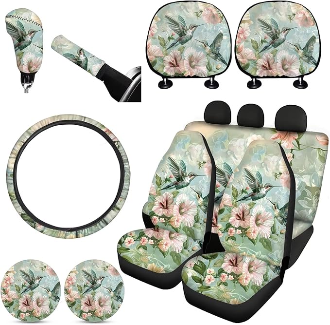 FKELYI Floral Hummingbird Car Seat Covers Full Set - Steering Wheel, Gear Shift, Handbrake, Headrest Covers & Cup Coasters