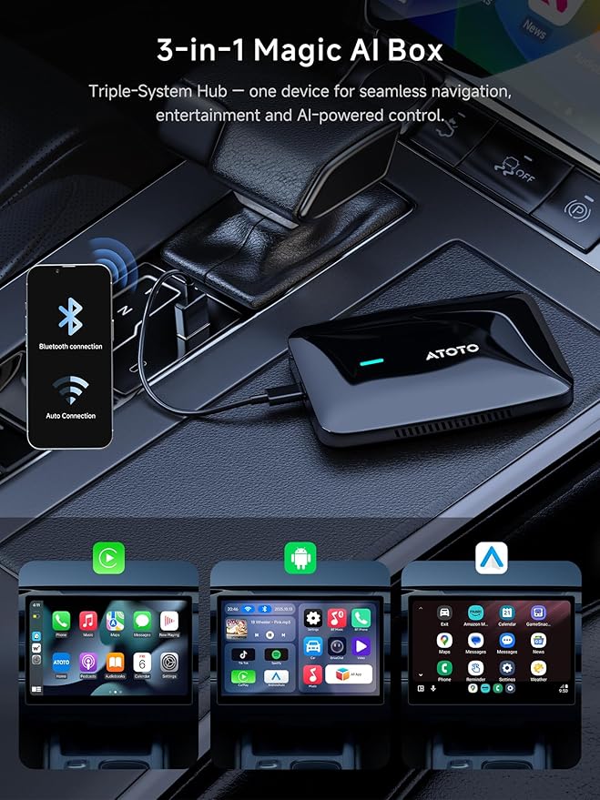 Magic AI Box, Wireless CarPlay/Android Auto Adapter, Car Video Box Supports for Netflix/YouTube/TikTok/TF Card, DriveChat AI Smart Box with GPS/Dual Bluetooth (Glossy Black Panel)
