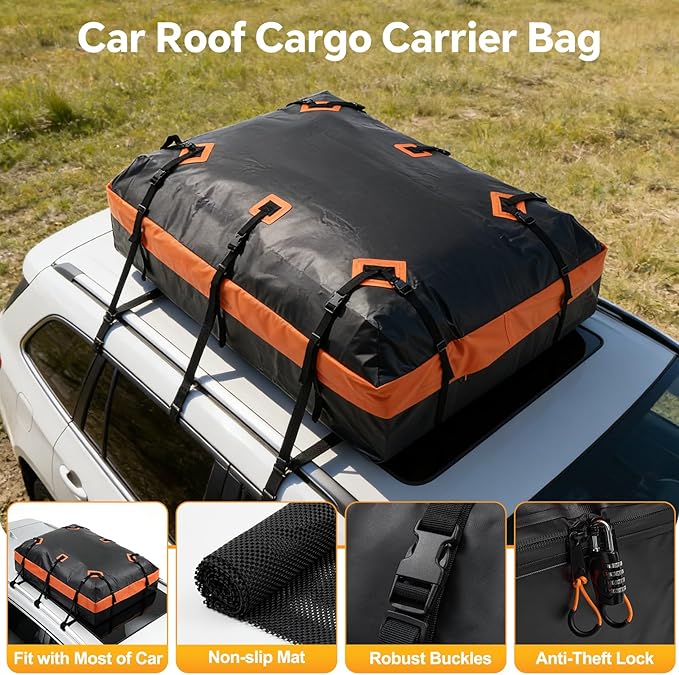 NEWBULIG Car Rooftop Cargo Carrier Bag, 15 Cubic Feet Duty Waterproof Bag for All Vehicles with/Without Racks. Includes Anti-Slip Mat, Reinforced Straps, 6 Door Hooks, Storage Bag & Luggage Lock.