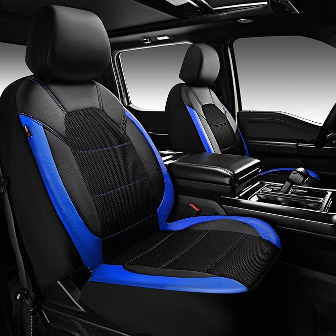 CAR PASS Leather Car Seat Covers Front Seats Only, with Air Mesh Front Seat Covers Breathable, Cool Automotive Seat Cover 2 Pack, Universal Fit Most Cars,SUV,Truck,Van Airbag Compatible(Black & Blue)