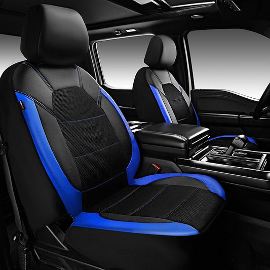 CAR PASS Leather Car Seat Covers Front Seats Only, with Air Mesh Front Seat Covers Breathable, Cool Automotive Seat Cover 2 Pack, Universal Fit Most Cars,SUV,Truck,Van Airbag Compatible(Black & Blue)