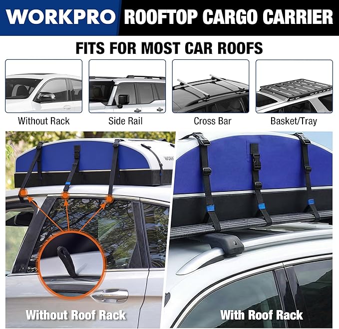 WORKPRO Rooftop Cargo Carrier Roof Bag, 21 Cubic Feet, Waterproof Roof Rack Cargo Carrier for Vehicle with/Without Rack, Heavy Duty 840D PVC, Includes Anti-Slip Mat, 6 Safety Hooks and Storage Bag
