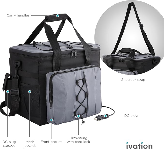 Ivation Portable Electric Cooler Bag | 18L Soft Sided Thermoelectric Travel Cooler with Shoulder Strap, Storage Pocket & DC 12V Plug in for Car, Truck & RV Camping