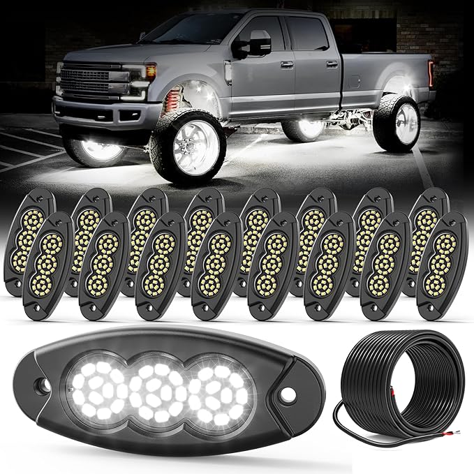 16 Pods White Rock Lights, 36 LEDs 6500K Ultra Bright IP68 Waterproof Underbody Lights for Car Truck Pickup Boat RV RZR ATV with 32.8ft Extension Wire