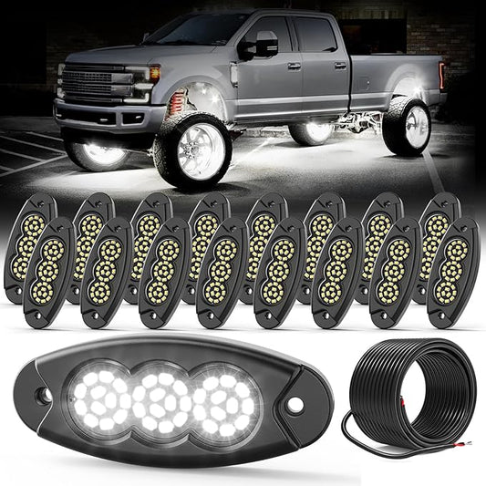 16 Pods White Rock Lights, 36 LEDs 6500K Ultra Bright IP68 Waterproof Underbody Lights for Car Truck Pickup Boat RV RZR ATV with 32.8ft Extension Wire