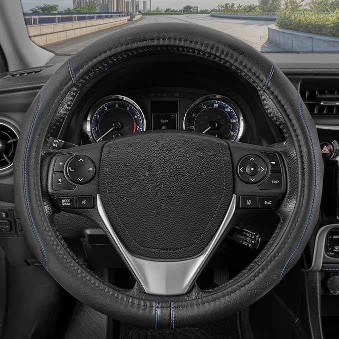 Motor Trend GripDrive Pro Synthetic Leather Auto Car Steering Wheel Cover Black w/ Blue Accent Stitching Comfort Grip - Small 13.5 to 14.5 inch