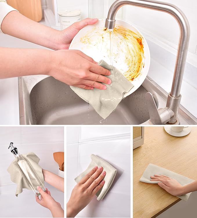 KitchLife Microfiber Cleaning Cloth Roll - Tear-Away Reusable Microfiber Paper Towels, Lint-Free, Washable, 20 Sheets for Kitchen, Car, Dishes, and Sensitive Surfaces (Sand Beige)