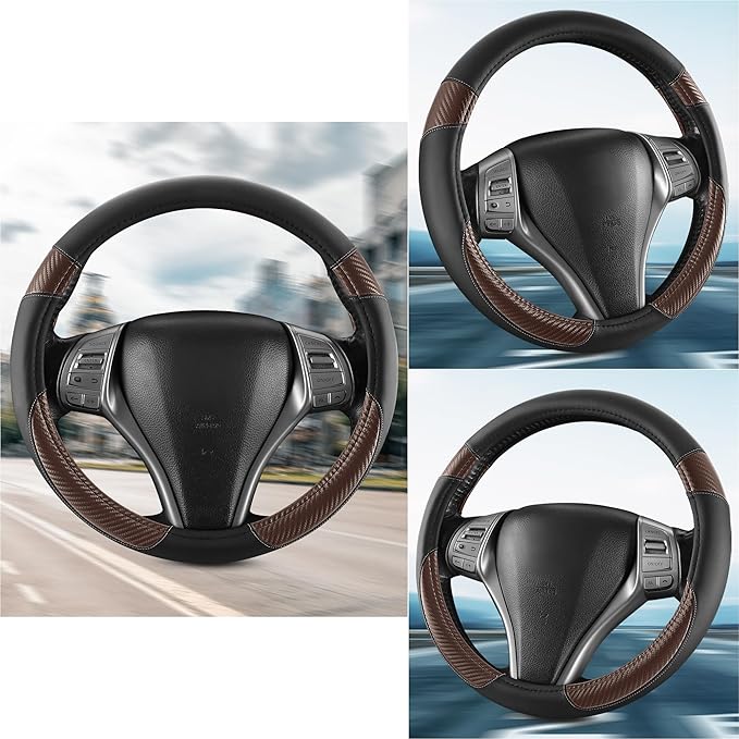 Non-Slip Car Nappa Leather Steering Wheel Cover,Universal Car Accessories Women Men Fit 14" 1/2-15" Suvs/Vans/Sedans/Cars/Trucks,Brown
