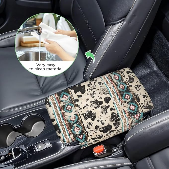 Wanyint Aztec Cow Print Retro Car Center Console Armrest Cover Comfortable Armrest Seat Box Pad with Organizer Pockets Console Lid Protector Cushion Universal Fit for Most Vehicles SUVs