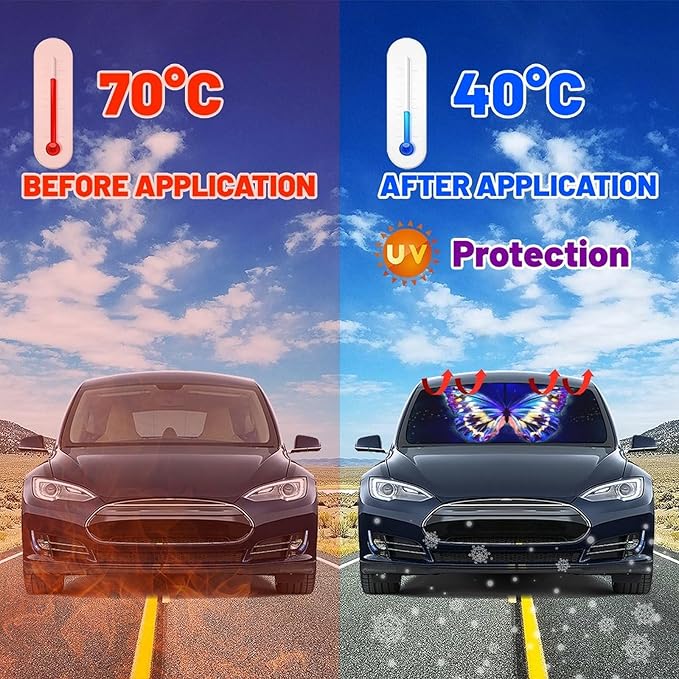 Socira Blue Butterfly Car Windshield Sun Shade Umbrella Foldable Sunshade for Front Window Auto Windshield Sunshade Covers Butterfly Car Accessories Prevent Sun Rays Heat 57'' X 30''