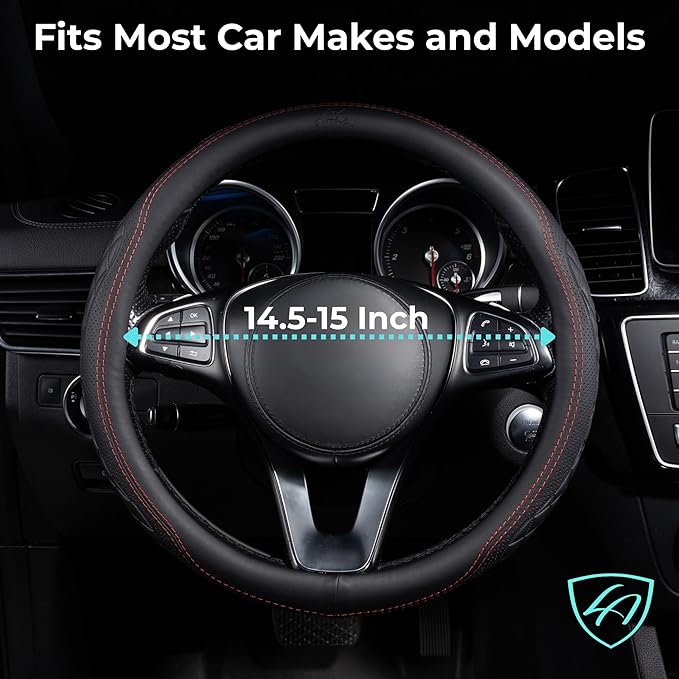 Lord Autofashion Steering Wheel Cover – PU Leather, Non-Slip Rubber Inner, All-Season Comfort – 14.5–15 Inch (Black/Red 9366)