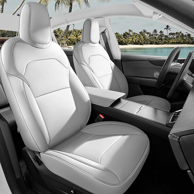 Seat Cover for Tesla Model Y Juniper 2025 2026 Custom Fit Leather Seat Cover Full Set Compatible Airbag Seat Cushion Cover (Model Y Gray-25-26)
