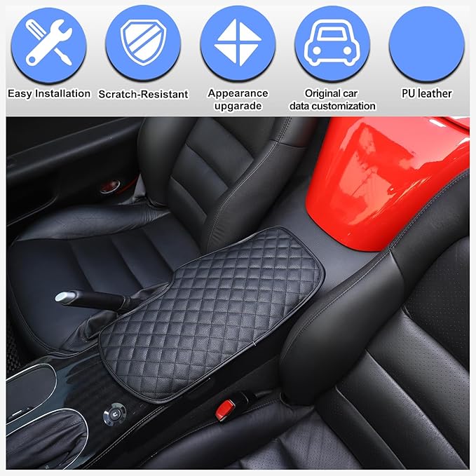 Center Console Armrest Cover for Chevy Corvette C6 2005-2013, Centre Armrest Seat Box Cover, Armrest Arm Rest Pad, Middle Consoles Cushion Protector Mat, Leather (Black)