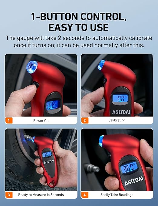 AstroAI Digital Tire Pressure Gauge 0-150PSI Calibrated to ANSI B40.7 +/-1PSI, Accurate in 0.1 Increments, Tire Repair Tools 4 Pressure Measurements for Car Truck with Backlight LCD, Red
