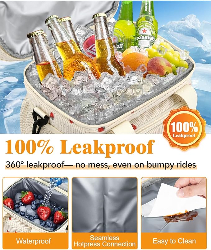 Insulated Lunch Bag for Men & Women, Double Leakproof Lunch Box Soft Cooler Tote with 5 Pockets, 600D Oxford, EVA Lining, Adjustable Strap for Work, Picnic- Corduroy Cue Strawberry