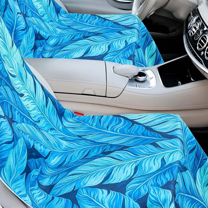 2 Pack Car Seat Towel Covers with Storage Bag 63 x 32 Inch Athletic Running Towel Seat Sweat Washable Non Slip Cover Gift for Car Outdoor Sport Activities (Blue Leaves)