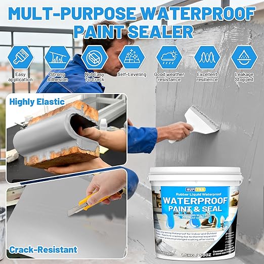 Rubber Liquid Waterproof Sealant, Waterproof Patch Seal Sealer, Cloud Gray Indoor & Outdoor Elasticity Rubber Paint, Multi Surface Foundation Leak Crack Repair-Roof Gutter Basement Water Proof Coating