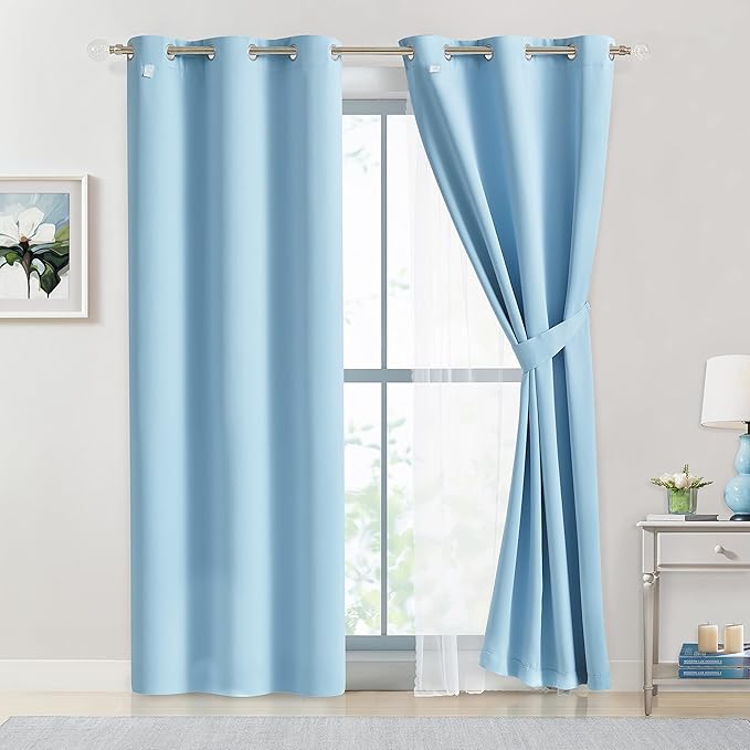 Bujasso Sky Blue 80% Blackout Curtains with Sheer Overlay Mix and Match Double Layer Thermal Insulated Window Panels 95 inch for Living Room Bedroom Blue Drapes with Tiebacks Grommet Top 37" Wx95 Lx2