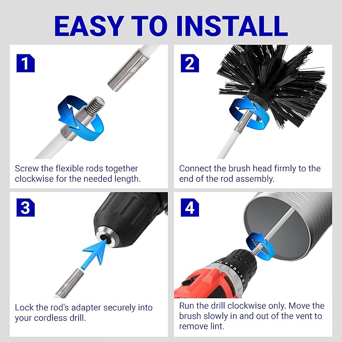 BlueStars 60-Feet Dryer Vent Cleaner Kit with Drill Attachment — Flexible Lint Remover Brush, Extends Up to 60 ft, Works with or Without Power Drill