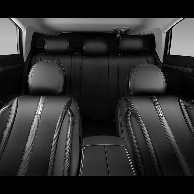 CAR PASS Carbon Fiber Nappa Leather Car Seat Covers Front Only Cushioned Leatherette 2 Piece Padded Waterproof Universal Fit for Cars SUV Truck Pickup Automotive Vehicle Interior, 2PCS Black