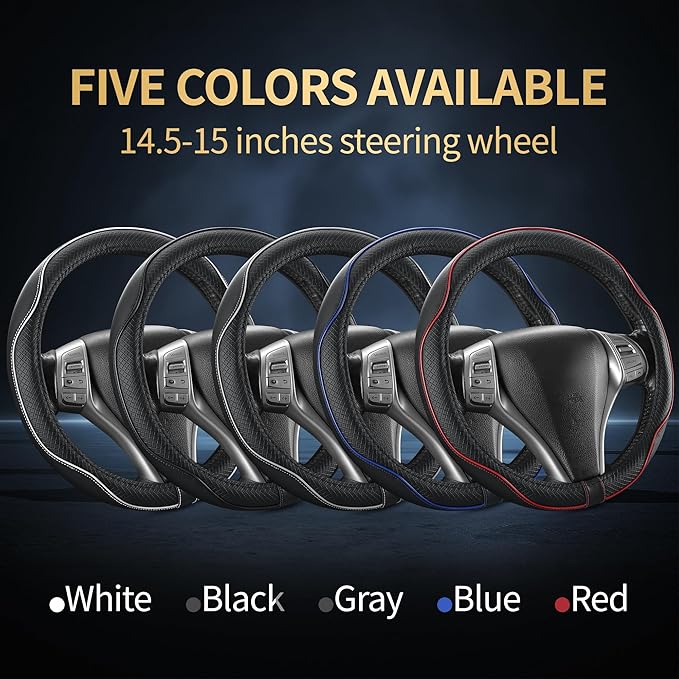 Leather Car Steering Wheel Cover,Anti-Slip, Safety, Soft, Breathable, Heavy Duty, Thick, Full Surround, Sports Style,Universal Car Accessories for Women Men Fit 14"1/2-15"(Black with Red line)