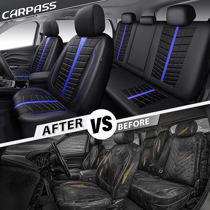 CAR PASS 3D Foam Mesh Black Blue Leather Car Seat Covers Full Set,Breathable Premium Leather Seat Covers for Car,Anti Slip Universal Fit for Trucks Cars Sedans Vans SUVs,Airbag Compatible,Black Blue