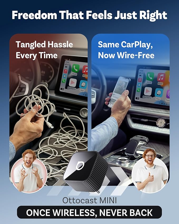 OTTOCAST Mini Slim, 2026 Upgrade 2in1 Wireless CarPlay & Android Auto Adapter, Plug & Play, WLAN Dual-Band 2.4G+5G, Auto Reconnect, Compatible with After 2016 Cars with Wired CarPlay/AA (USB Type-C)