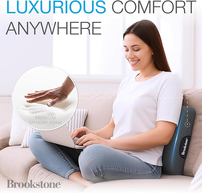 Brookstone - Luxurious Lumbar Support Pillow for Car or Office Chair, Back Cushion with Premium Grade Memory Foam, Breathable and Washable Cover, Adjustable Strap