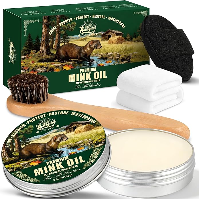 4-in-1 Mink Oil Leather Conditioner and Cleaner 3.52 oz - Premium Waterproof Formula for Leather Cowboy Boots,Shoes,Saddles & Bags with Horsehair Brush, Sponge & Microfiber Cloth