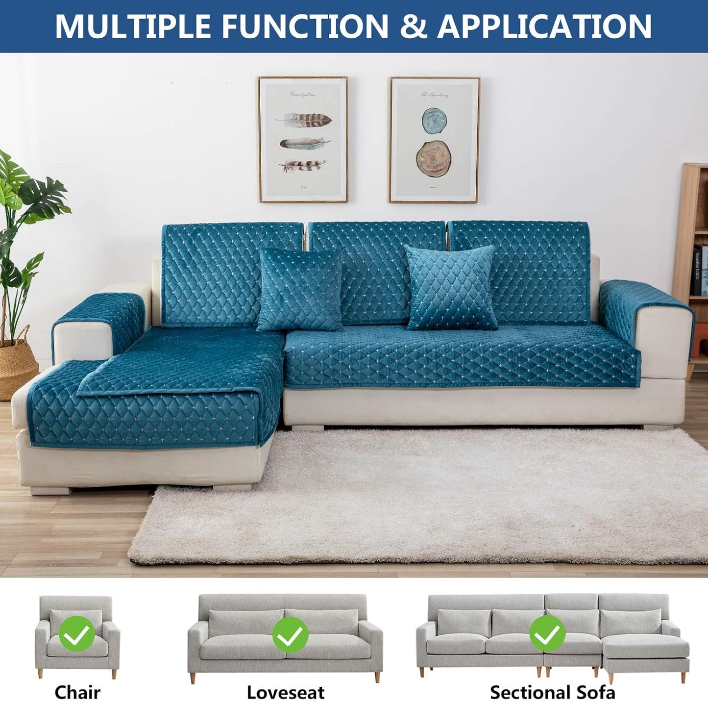 Eismodra Couch Cover,Sectional Couch Covers,Sofa Covers for 3 Cushion Couch,Anti-Slip Sofa Slipcovers for Dogs Cats Kids Loveseat Recliner L Shaped Armrest Backrest,Blue 36''x63''(Only 1 Piece)
