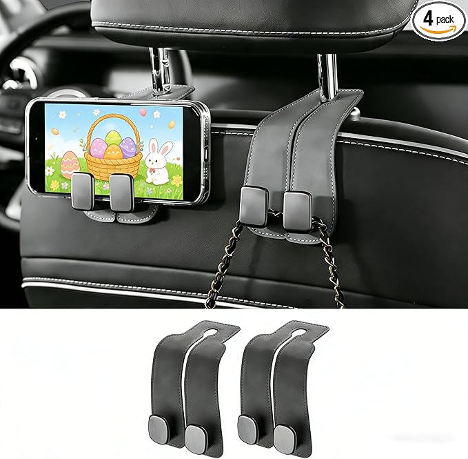 KINIVA Car Seat Headrest Storage Hooks, Set of 2, Suede PU Leather, Double Hooks (Grey)