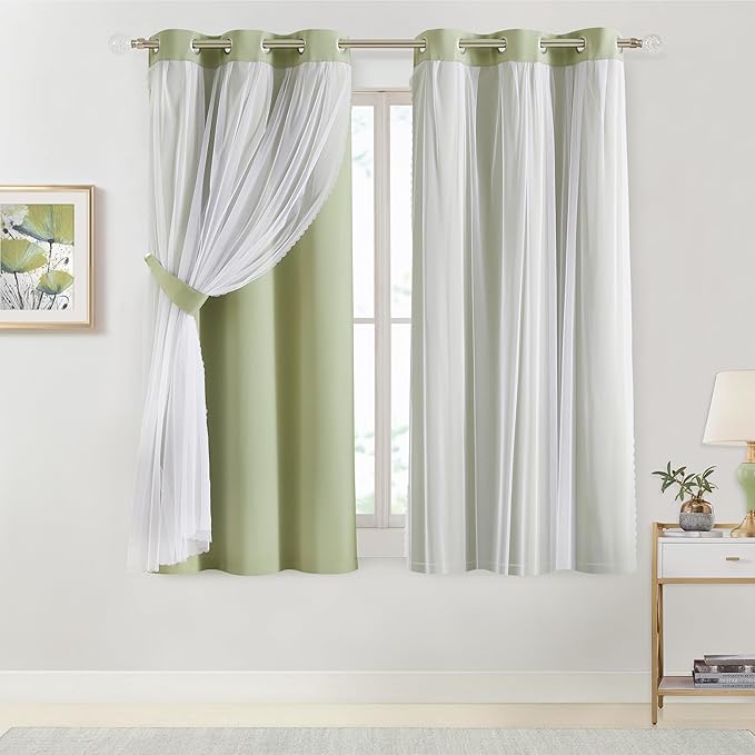 Bujasso Sage Green 90% Blackout Curtains with Sheer Overlay Mix and Match Double Layer Thermal Insulated Window Panels 63 inch Living Room Bedroom Green Drapes with Tiebacks Grommet Top 37" Wx63 Lx2