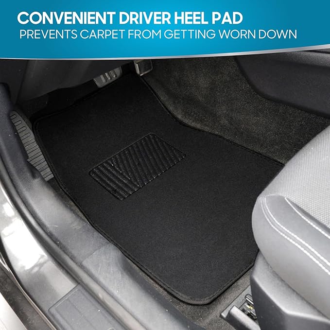 BDK Premium 4PC Set of Carpet Car Floor Mats with Vinyl Safety Heel Pad for Car, Truck, SUV, Coupe Sedan, Black (MT-100-BK)