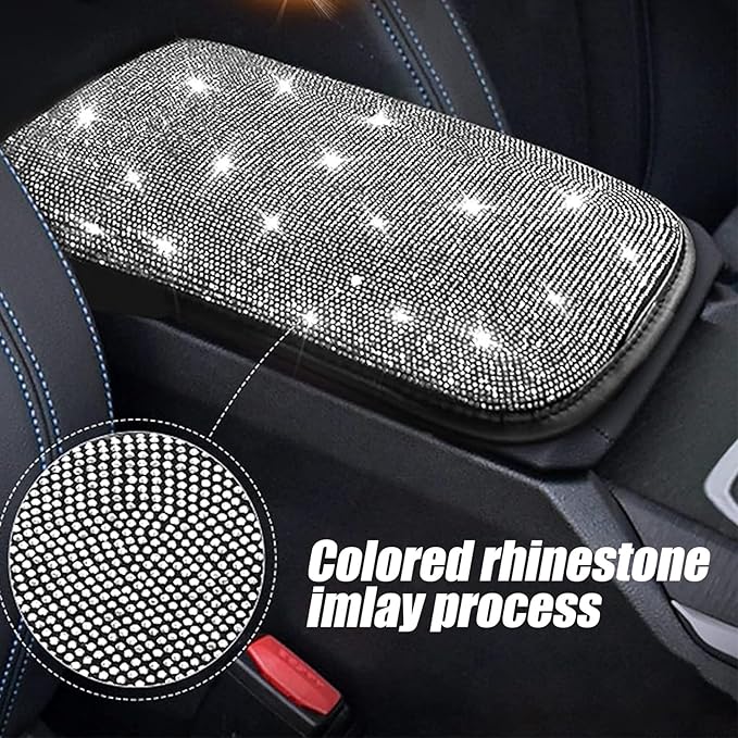 ZKFAR Pack-1 Bling Car Armrest Cover, 8.66" x 11.81" Cute Charming Auto Center Console Protective Cover, Luster Crystal Rhinestone Car Arm Rest Cushion Pad (Pink)