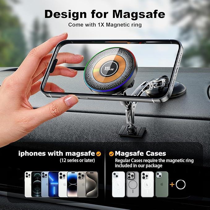 MagSafe Car Mount Charger, 2 in 1 Magnetic Phone Holders for Car, 15W Fast Charging Mag Safe Car Charger Stick on Dashboard Windshield, Car Accessories for iPhone 17/16/15/14/13/12 Series