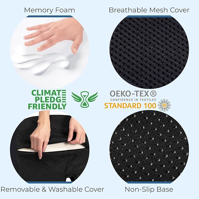 5 STARS UNITED Seat Cushion - Memory Foam Chair Cushion for Tailbone Pain Relief - Ergonomic Support for Coccyx, Sciatica & Butt - Office, Desk & Gaming Chair, Car Seat, Wheelchair, Black