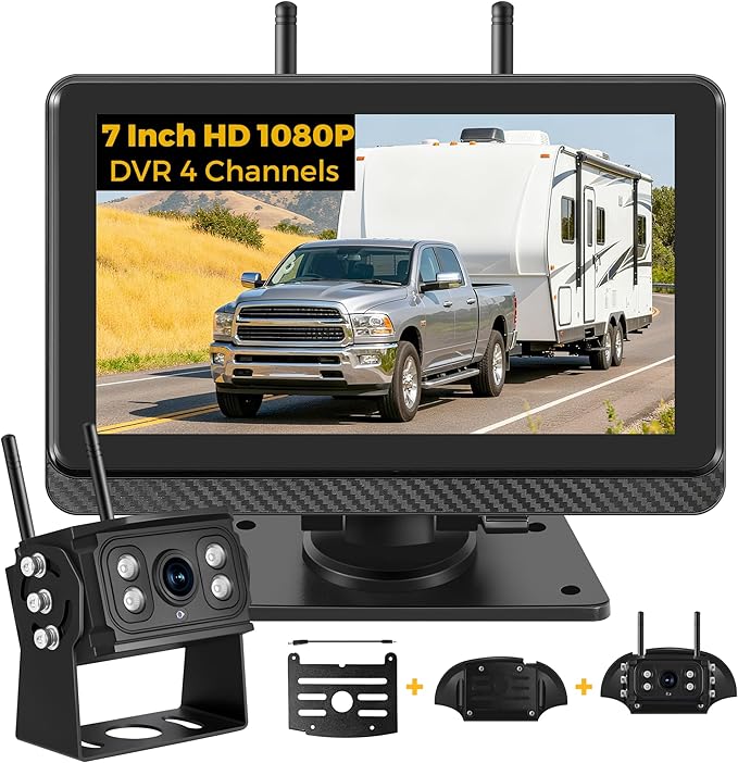 Wireless Backup Camera for Truck RV, HD IPS 7" Monitor, Digital Wireless Camera System + IP69 Waterproof IR Night Vision, 10-Min Easy Install, 1080P Rear View Camera for Car, Van, Trailer and Camper