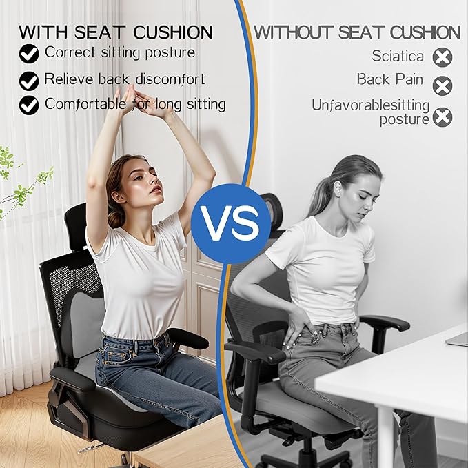 Benazcap Large Memory Foam Seat Cushion Lumbar Support Pillow for Sciatica & Tailbone Pressure Relief Coccyx Pad for Office Chair, Wheelchair, Car, Home, Office, Grey