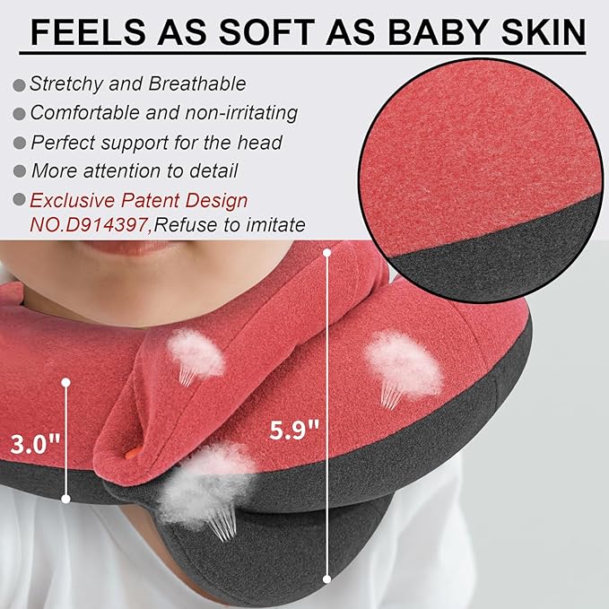 BUYUE Kids Travel Pillows for Airplane, 360° Head Support Sleeping Essentials for Boys Long Flight, Skin-Friendly Soft Neck Pillow for Traveling in Car Seat, (Small, Pink Grey, 40-90 lbs)