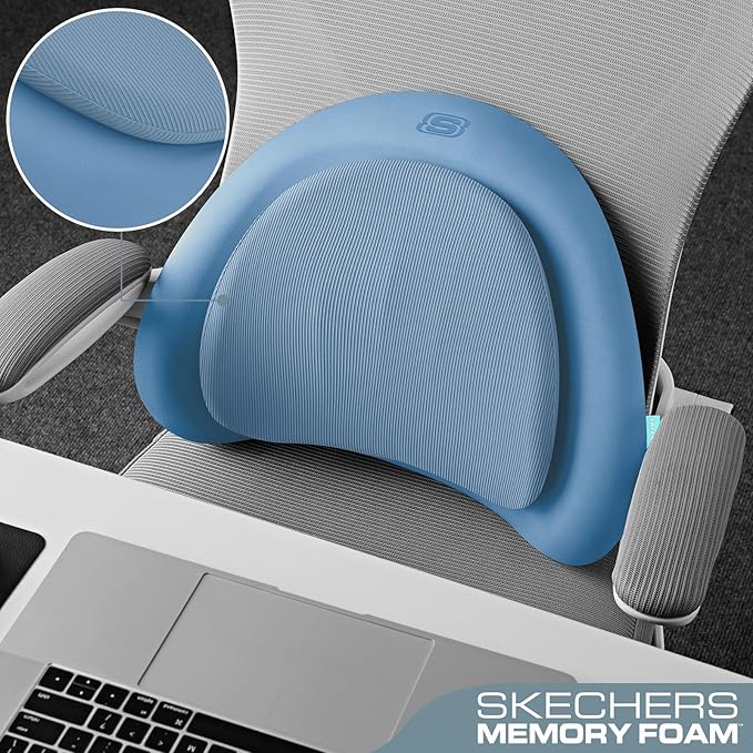 Skechers Lumbar Pillow Premium Memory Foam, Double-Layer-Office Chair Cushion for Tailbone Pain Relief,Butt Pillow for Office Chair,Car seat Cushion,Long Sitting Office Workers,and Car Drivers,Blue