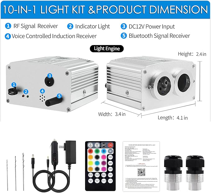 ATOKEE 16W Twinkle Dual Head Fiber Optic Light Box, Bluetooth App/RF Remote Control for Starlight Headliner, Car Plug & Power Adapter, PG Connector & 3 Drill Bits