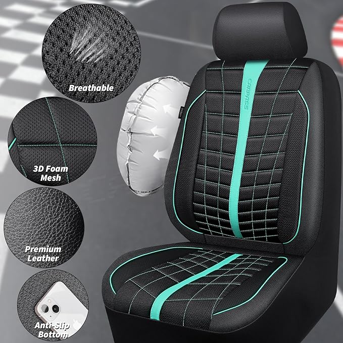 CAR PASS 3D Air Mesh Seat Covers for Car, Leather Car Seat Cover Front Seats, Breathable Foam Premium Leather Mesh Front Seat Covers Universal Fit for Cars Sedans Trucks Vans SUVs, Black Mint