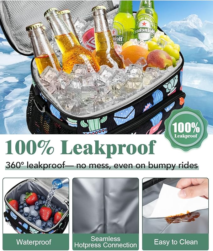 Insulated Lunch Bag for Men & Women, 9L Leakproof Lunch Box Soft Cooler Tote with 5 Pockets, 600D Oxford, EVA Lining, Adjustable Strap for Work, Picnic, Beach&Travel-Corduroy Cactus