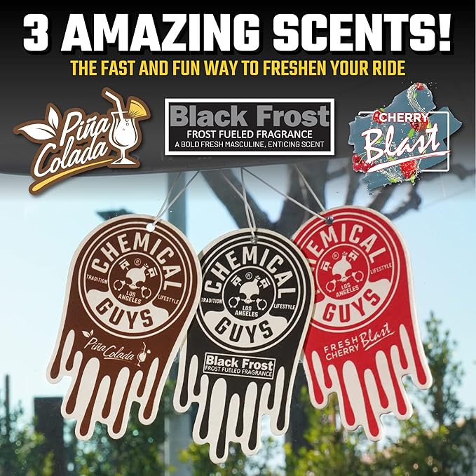 Chemical Guys Car Fresheners, Hanging Air Fresheners, Variety Scent Pack 12 Pack - for Cars, Home, Garage, Workspace, Dorm Room & More (4 x 3 Packs, Black Frost, Cherry, Pina Colada)