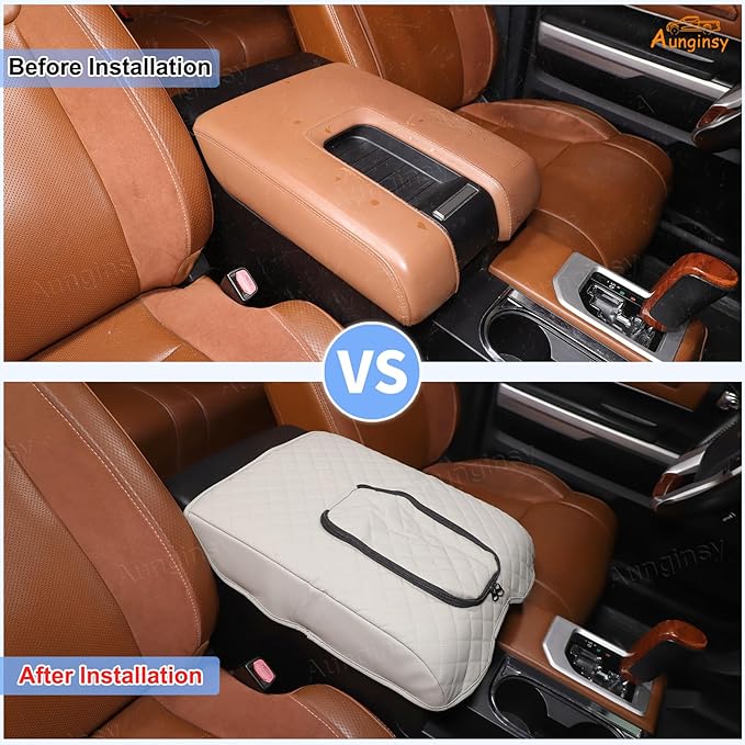 Aunginsy Leather Center Console Armrest Cover Compatible with Toyota Tundra 2014-2021, Car Middle Console Cushion Lid Pad Waterproof Protector, Armrest Seat Box Cover with Storage Bag Accessories