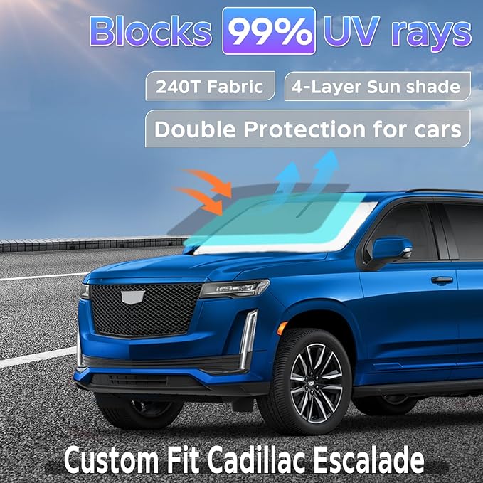 Sun Shade Sunshade for Cadillac Escalade 2021-2025 2026 Windshield Cover, 4-Layers Sun Shield 250T Silver Sun Visor Foldable Front Window Shade Blocks UV Rays Car Accessories