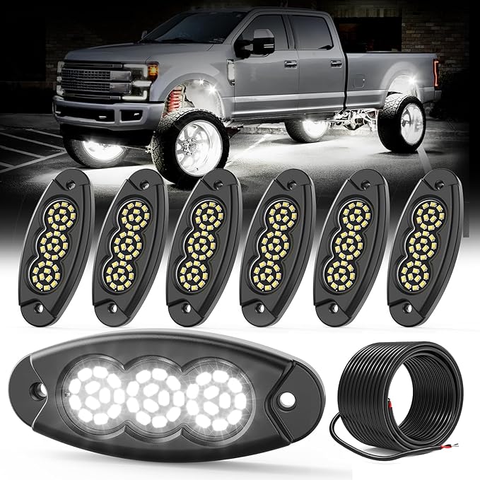6 Pods White Rock Lights, 36 LEDs 6500K Ultra Bright IP68 Waterproof Underbody Lights for Car Truck Pickup Boat RV RZR ATV with 16.4ft Extension Wire
