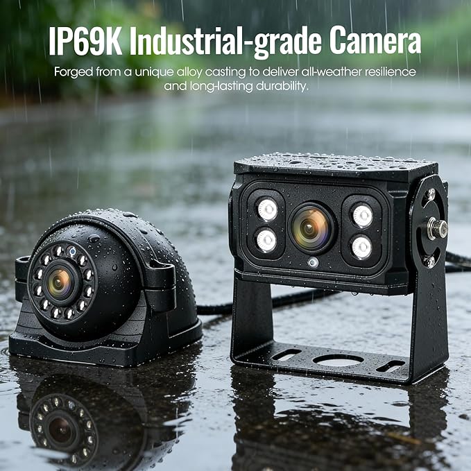 4-Wired Backup Camera System, 7" DVR Quad Screen Rear Side View Cameras, IP69 Waterproof IR Night Vision, 20G Vibration-Proof for Trailer/RV/Tractor/Combine/Skid Steer/Van/Heavy Equipment, Y2