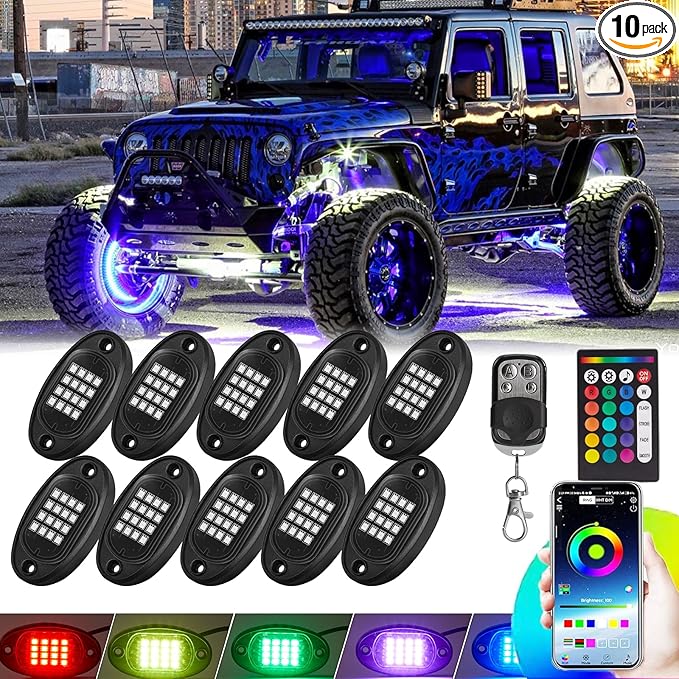 10 Pods RGB LED Rock Lights for Truck ATV UTV Golf Cart Offroad RZR Pickup SUV, Waterproof Multicolor Underglow Kit for Cars with APP Music Mode, Vehicle Underbody Light Underneath Accent 12V