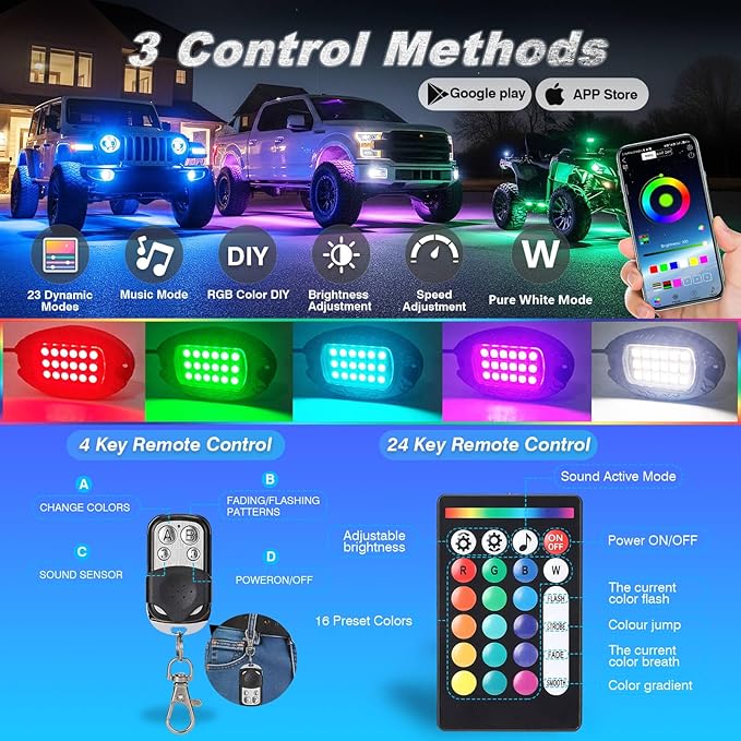 8Pods Heavy Duty Aluminum RGBW LED Rock Lights Kit for Jeep Trucks UTV ATV Golf Cart RZR SXS 4Wheeler Off-Road Vehicles, APP & RF Remote, Plug & Play Pre-Wired, Waterproof 12V Underglow Accent Light